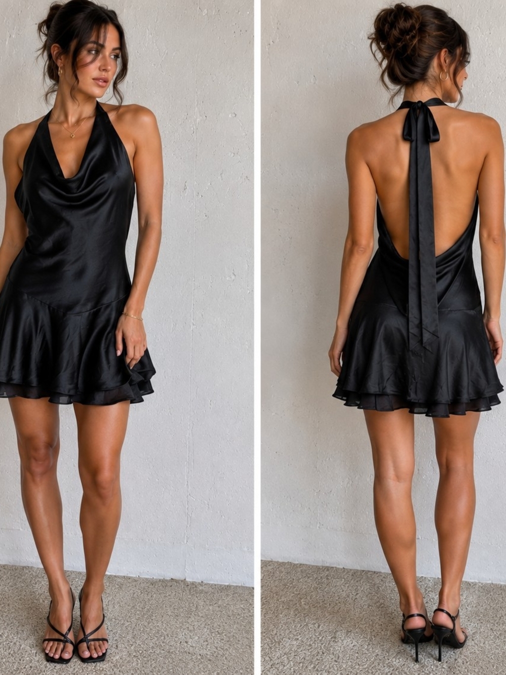 Abercrombie & Fitch Black Satin Cowl Halter Backless Mini Dress
